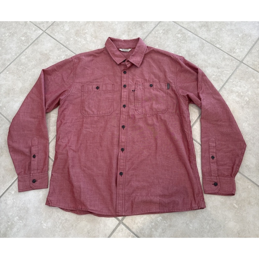 Simms Fishing Shirt Button Up Pink Long Sleeve Pockets‎ Sz L Casual Outdoors